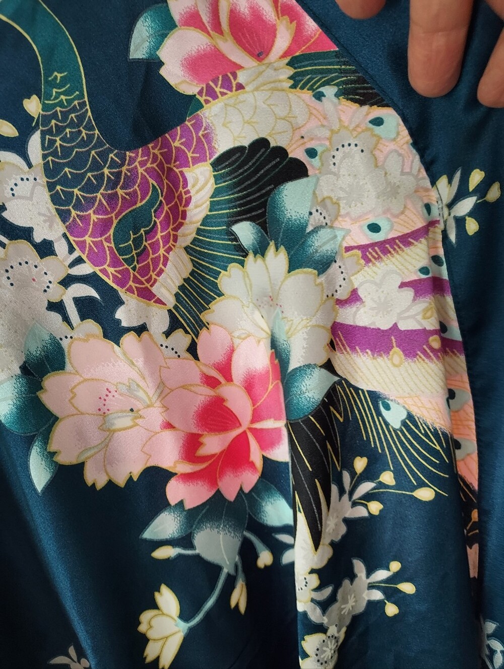 Kim + Ono Long Royal Blue Floral Satin Kimono Robe / Like New - Picture 3 of 9
